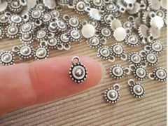 20 Tiny Rustic Cast Round Tribal Charms - Matte Antique Silver Plated