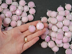 22mm Soft Pink Faceted Jade Connector - Matte Silver plated Bezel - 1pc