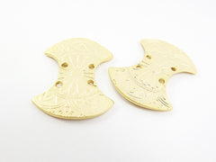 2 Double Concave Curved Etched Tribal Connector - 22k Matte Gold Plated