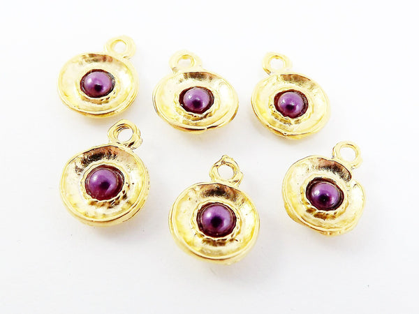 NEW - 6 Small Purple Bead Inverted Dome Shaped Charms -  22k Matte Gold Plated