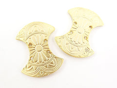 2 Double Concave Curved Etched Tribal Connector - 22k Matte Gold Plated