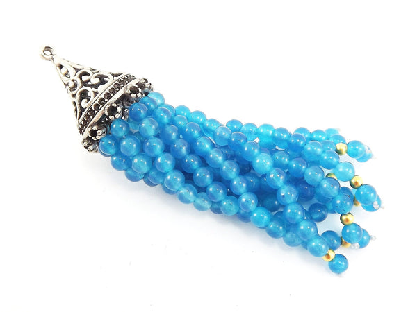 Long Blue Curacao Jade Stone Beaded Tassel with Antique Matte Silver Plated Filigree cap - 1pc