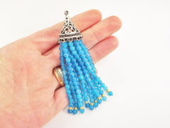 Long Blue Curacao Jade Stone Beaded Tassel with Antique Matte Silver Plated Filigree cap - 1pc