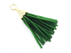 Short Transparent Emerald Green Afghan Tibetan Heishi Tube Beaded Tassel - Handmade - Textured 22k Matte Gold Plated Cap - 55mm = 2.16inches