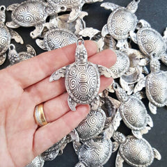 Rustic Silver Turtle Pendant Animal Pendant Jewelry Ethnic Sea Creature Beach Jewelry Summer Sea -  Matte Antique Silver Plated