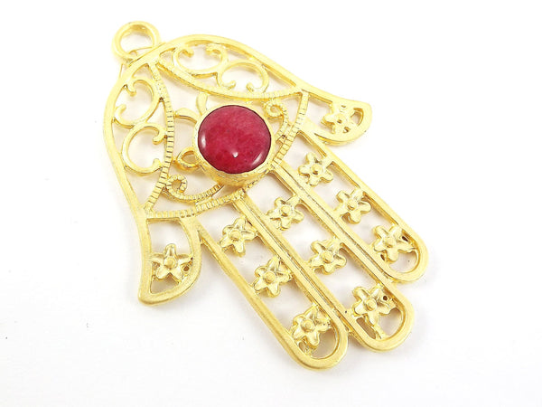 Extra Large Hamsa Hand of Fatima Pendant Smooth Red Jade - 22k Matte Gold Plated - 1PC