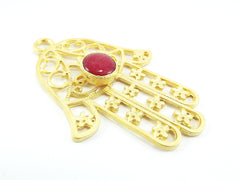 Extra Large Hamsa Hand of Fatima Pendant Smooth Red Jade - 22k Matte Gold Plated - 1PC
