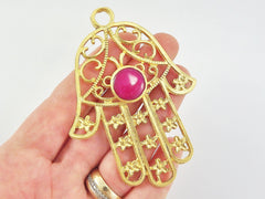 Extra Large Hamsa Hand of Fatima Pendant Smooth Virtual Pink Jade - 22k Matte Gold Plated - 1PC