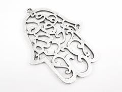 Extra Large Fretwork Hamsa Hand of Fatima Pendant Charm - Matte Antique Silver Plated - 1PC