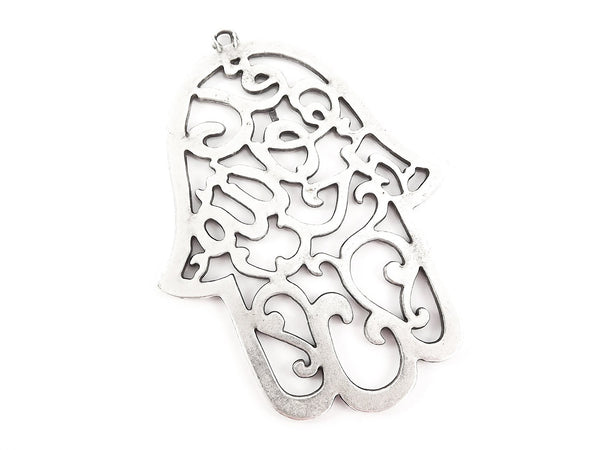 Extra Large Fretwork Hamsa Hand of Fatima Pendant Charm - Matte Antique Silver Plated - 1PC