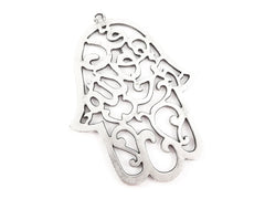 Extra Large Fretwork Hamsa Hand of Fatima Pendant Charm - Matte Antique Silver Plated - 1PC