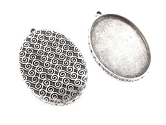 Oval Curl Detail Pendant Tray Cabochon Setting - Flat Edge - Matte Antique Silver Plated - 1pc