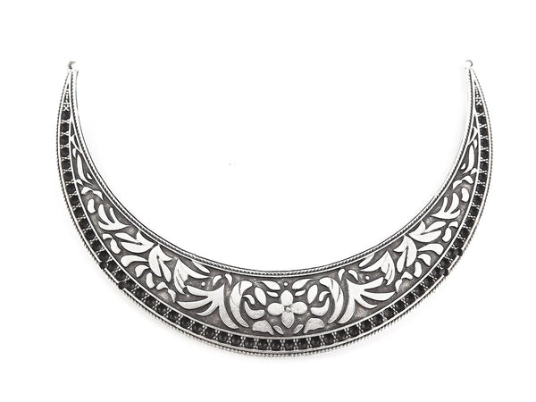 Folk Art Pattern Necklace Focal Collar Pendant Connector - Matte Antique Silver Plated - 1PC