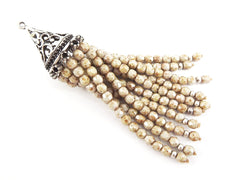 Long Creamy Beige Picasso Beaded Tassel with Antique Matte Silver Plated Filigree cap - Czech Fire-Polished Faceted Glass - 1pc