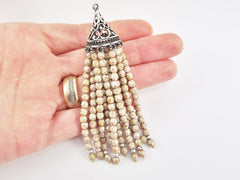 Long Creamy Beige Picasso Beaded Tassel with Antique Matte Silver Plated Filigree cap - Czech Fire-Polished Faceted Glass - 1pc