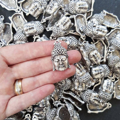 2 Medium Buddha Face Pendant Connector Matte Antique Silver Plated - 1PC