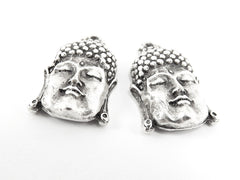 2 Medium Buddha Face Pendant Connector Matte Antique Silver Plated - 1PC