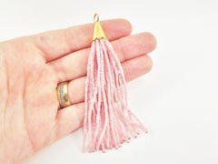 Sugar Pink Afghan Tibetan Heishi Tube Beaded Tassel - Handmade - Textured 22k Matte Gold Plated Cap - 92mm = 3.62inches  -1PC