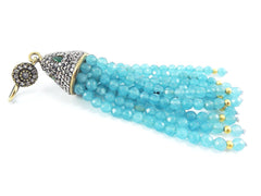 Large Long Aqua Facet Cut Jade Stone Beaded Tassel with Encrusted Crystal Accents - Antique Bronze - 1PC