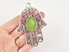 Extra Large Hamsa Hand of Fatima Pendant Lime Green Teardrop Jade - Matte Anitque Silver Plated - 1PC