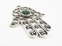 Extra Large Hamsa Hand of Fatima Pendant Round Deep Green Jade - Matte Anitque Silver Plated - 1PC