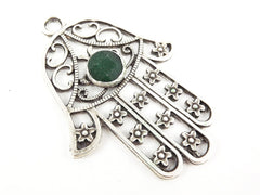 Extra Large Hamsa Hand of Fatima Pendant Round Deep Green Jade - Matte Anitque Silver Plated - 1PC