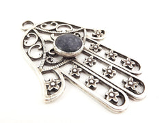 Extra Large Hamsa Hand of Fatima Pendant Round Slate Gray Jade - Matte Anitque Silver Plated - 1PC