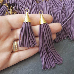 Shadow Purple Afghan Tibetan Heishi Tube Beaded Tassel - Handmade - Textured 22k Matte Gold Plated Cap - 92mm = 3.62inches  -1PC