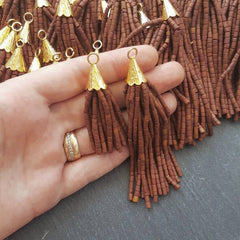 Short Brown Afghan Tibetan Heishi Tube Beaded Tassel  Handmade - Textured 22k Matte Gold Plated Cap - 55mm = 2.16inches