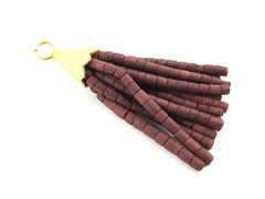 Short Brown Afghan Tibetan Heishi Tube Beaded Tassel  Handmade - Textured 22k Matte Gold Plated Cap - 55mm = 2.16inches