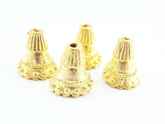 4 Rustic Studded Fluted Rim Cone Bead End Caps - 22k Matte Gold Plated Round Beadcaps