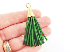 Short Transparent Emerald Green Afghan Tibetan Heishi Tube Beaded Tassel - Handmade - Textured 22k Matte Gold Plated Cap - 55mm = 2.16inches