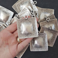 Large Textured Square Dome Pendant - Matte Antique Silver Plated - 1PC