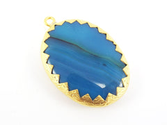 Large Oval Cyan Blue Agate Pendant - Serrated Border - 22k Matte Gold Plated 1pc - No:12