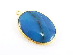 Large Oval Cyan Blue Agate Pendant - Serrated Border - 22k Matte Gold Plated 1pc - No:12