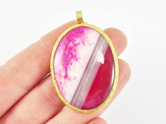 Hot Pink Smooth Agate Pendant  - 22k Gold plated Bezel - 1pc - No:18