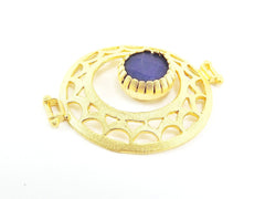 Royal Blue Jade Stone Fretworked Circle Connector Pendant - 22k Matte Gold Plated - 1PC