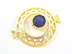 Royal Blue Jade Stone Fretworked Circle Connector Pendant - 22k Matte Gold Plated - 1PC