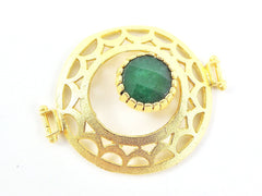 Emerald Green Jade Stone Fretworked Circle Connector Pendant - 22k Matte Gold Plated - 1PC