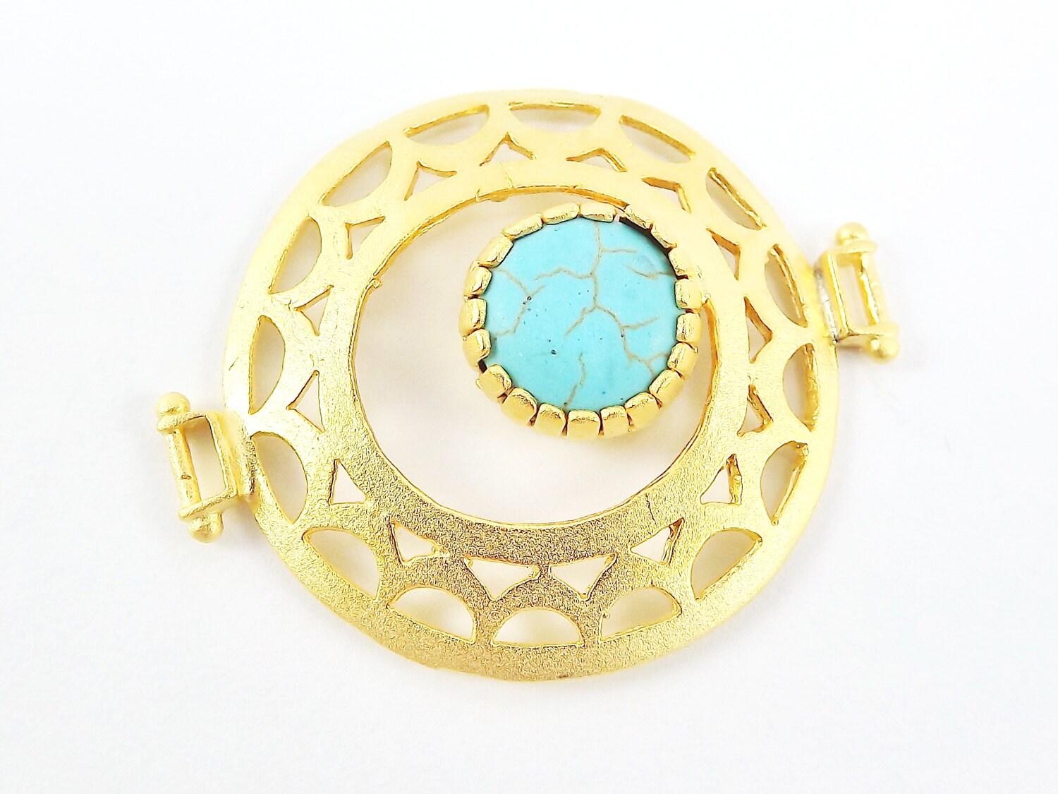 Turquoise Stone Fretworked Circle Connector Pendant - 22k Matte Gold Plated - 1PC