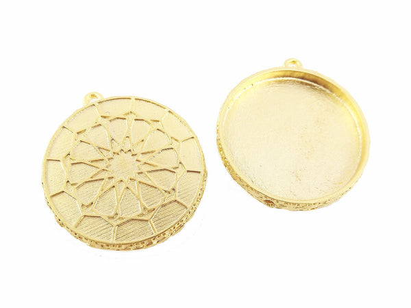 Gold Cabochon Setting, Round Pendant Tray, Ottoman Inspired Pendant, Flat Edge, Cab Tray, Pendant Blank, Boho, 22k Matte Gold Plated - 1pc